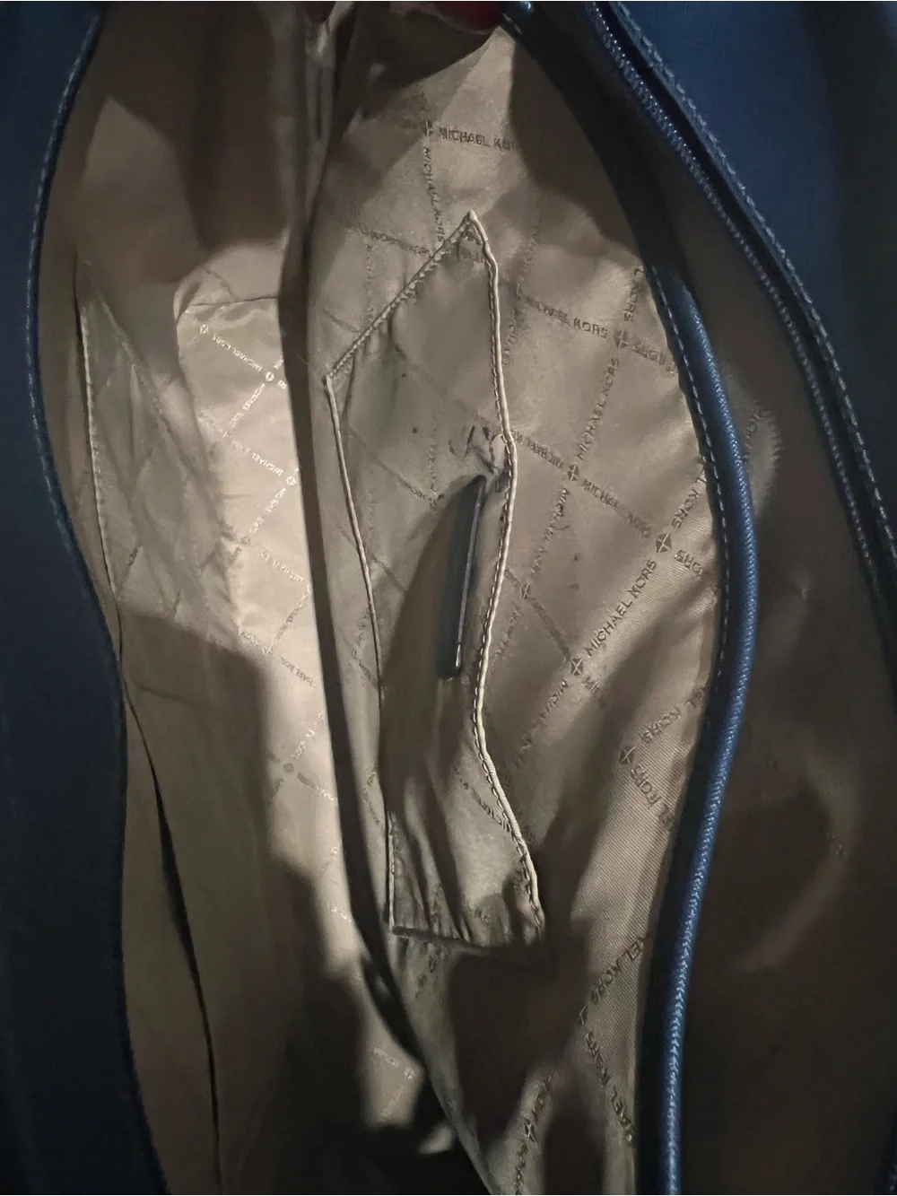 Michael Kors Brown Monogram Tote with Blue Trim and Gold Hardware